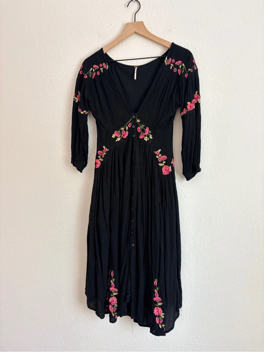 Free People Day Flow Black Floral Embroidered Midi Dress